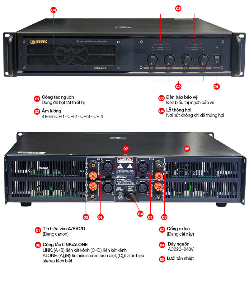 Ảnh kĩ thuật Cục đẩy công suất 4 kênh BIK VM 840A (Nguồn xuyến, Class H, 800W)