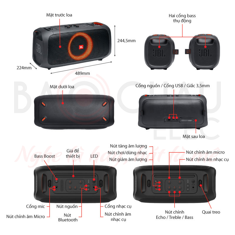 Ảnh kĩ thuật Loa JBL PartyBox On The Go (Bass 13.3cm, 100W, Tặng 2 micro, Pin 6h)