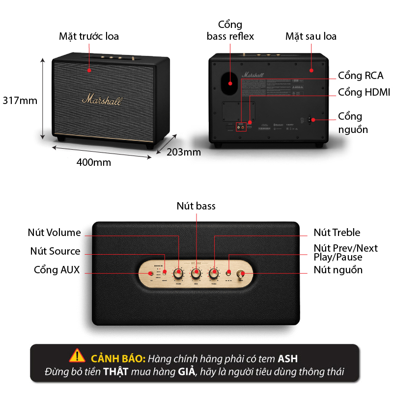Ảnh kĩ thuật Loa Marshall Woburn 3 (III) Chính Hãng ASH (150W, Bluetooth 5.2, AUX, RCA, HDMI ARC, Knob)