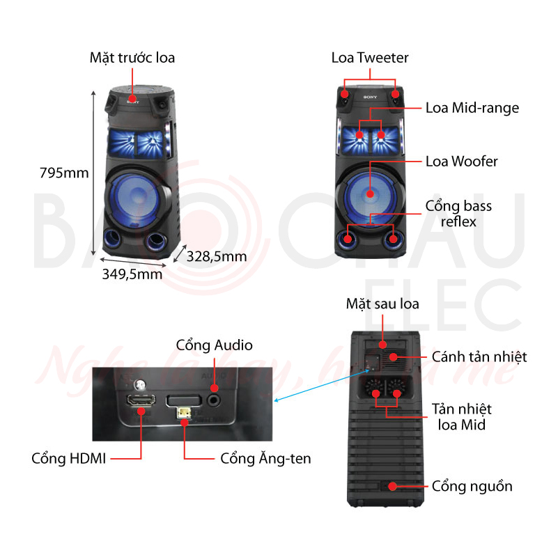 Ảnh kĩ thuật Loa bluetooth Sony MHC V43D (Bass 25cm, Đèn Led, Chế độ Live Sound )