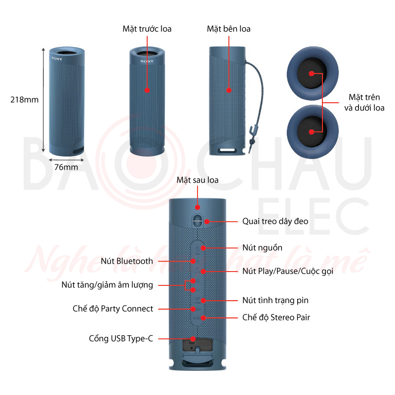 Ảnh kĩ thuật Loa bluetooth Sony SRS XB23 (Pin 12h, IP67, Bluetooth 5.0)