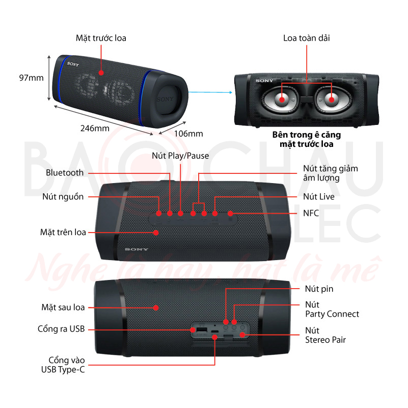 Ảnh kĩ thuật Loa bluetooth Sony SRS XB33 (Pin 24h, IP67, Extra Bass, Đèn Led)