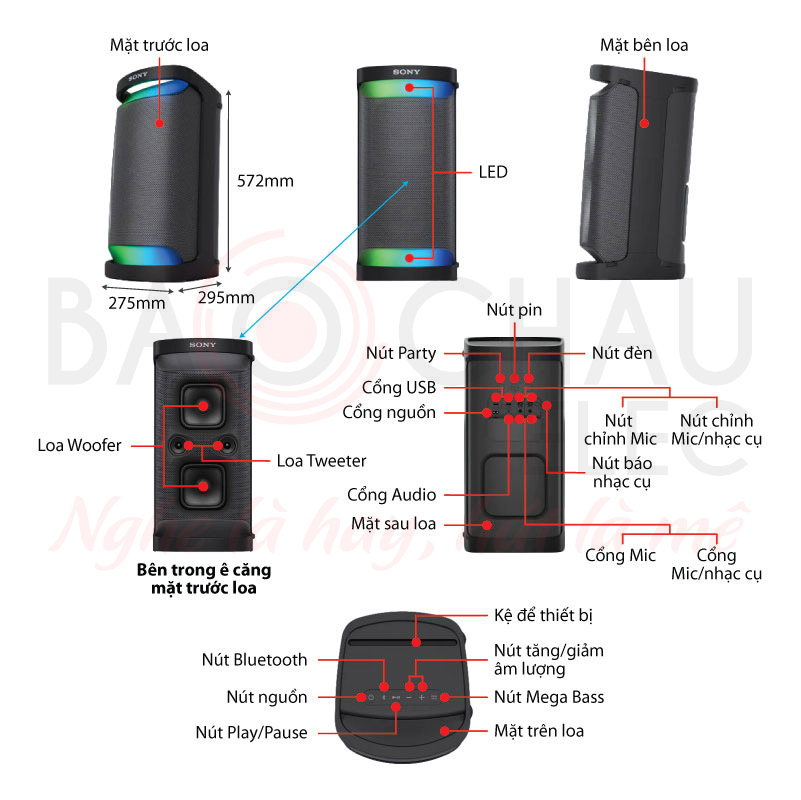 Ảnh kĩ thuật Loa bluetooth Sony SRS-XP500 (Pin 20h, IPX4, AUX, Đèn Led)