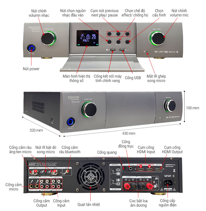 Ảnh kĩ thuật Amply Denon Pro DP-N1600 (tặng kèm 2 tay micro, 2 kênh, Class AB, 550W/CH - New)