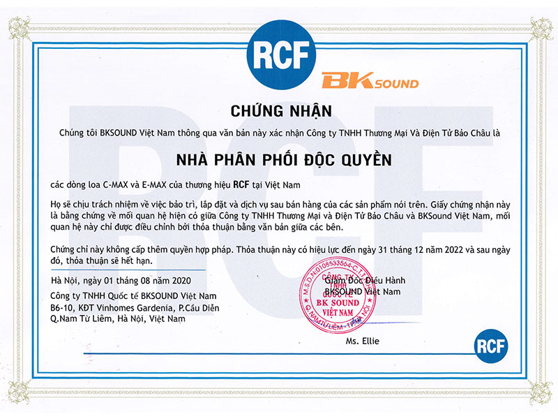 Giấy chứng nhận Bảo Châu Elec phân phối độc quyền Loa RCF C MAX và E MAX