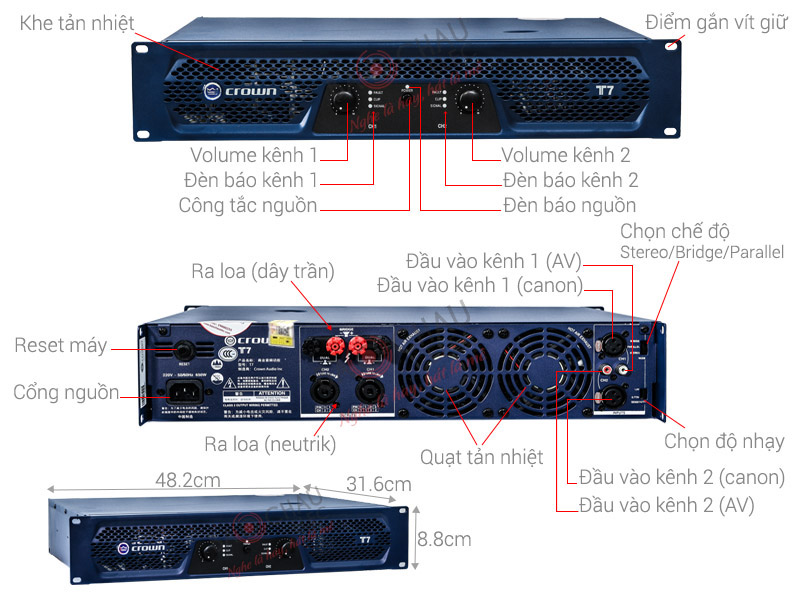 Ảnh kĩ thuật Cục đẩy công suất 2 kênh Crown T7 (Nguồn xuyến, Class H, 675W)