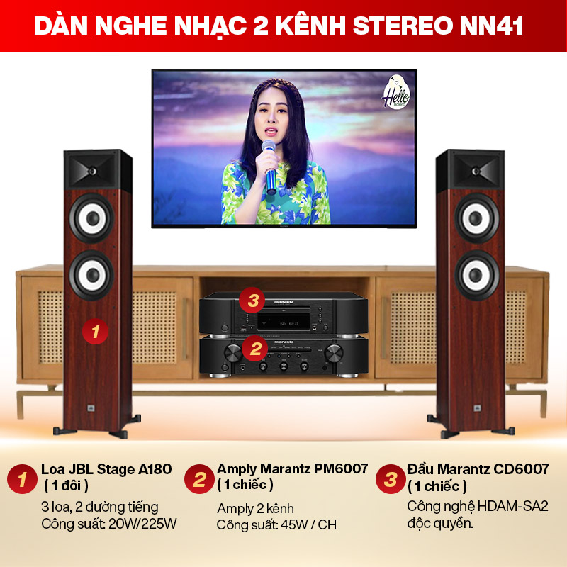 D&agrave;n nghe nhạc 2 k&ecirc;nh Stereo NN41 (JBL Stage A180 + Marantz PM6007 + Marantz CD6007)