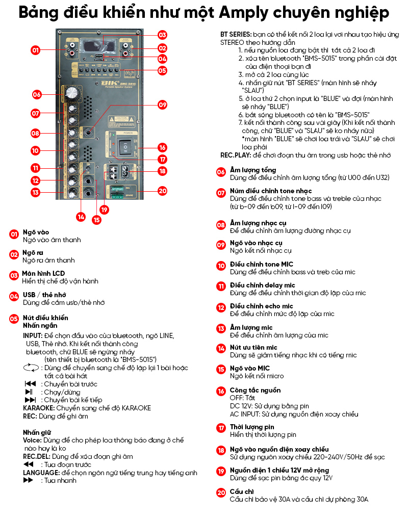 Loa k&eacute;o Karaoke Nhật BIK BMS 5015 (phi&ecirc;n bản kh&ocirc;ng c&oacute; lỗ cắm micro)