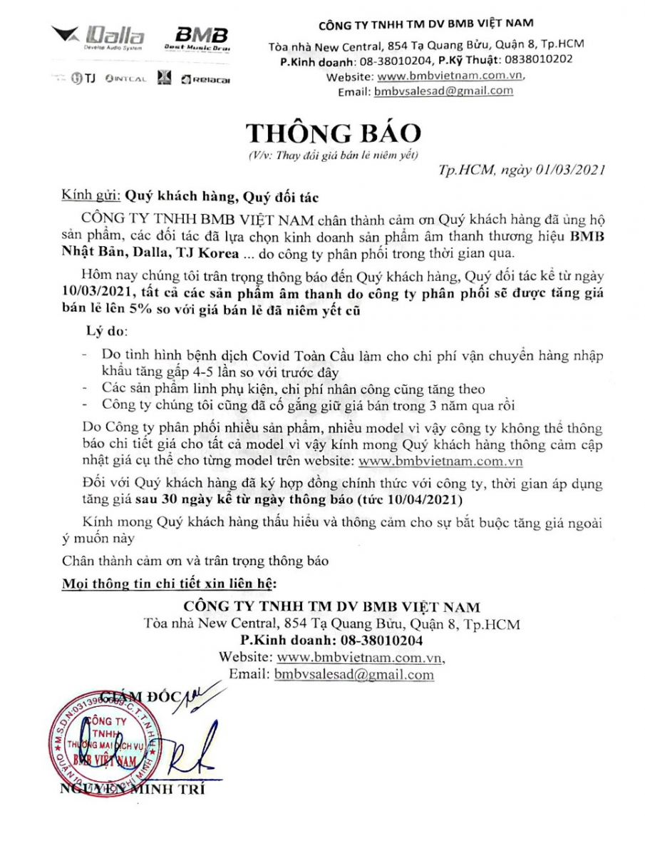 Thương hiệu BMB th&ocirc;ng b&aacute;o về việc điều chỉnh gi&aacute; th&agrave;nh sản phẩm 