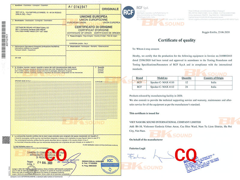 Giấy chứng nhận nhận khẩu CO, CQ của loa RCF