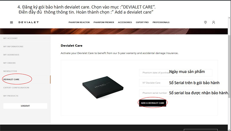 Hướng dẫn k&iacute;ch hoạt g&oacute;i bảo h&agrave;nh Devialet Care