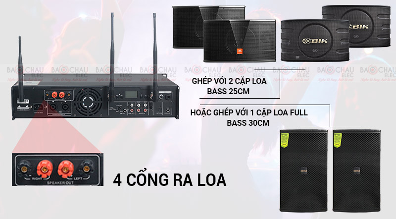 Đẩy liền vang kèm micro không dây BKsound DP8000 gồm 4 cổng ra loa
