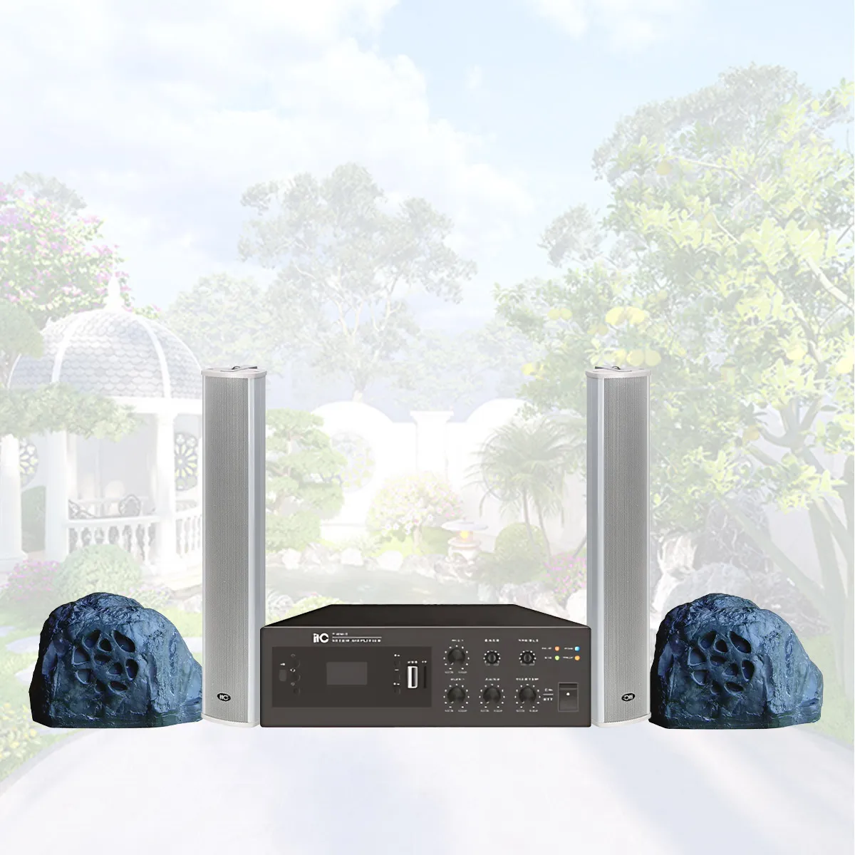 Hệ thống âm thanh nhạc nền sân vườn 08 (ITC T-300R, ITC T-704S, ITC T-B120E)