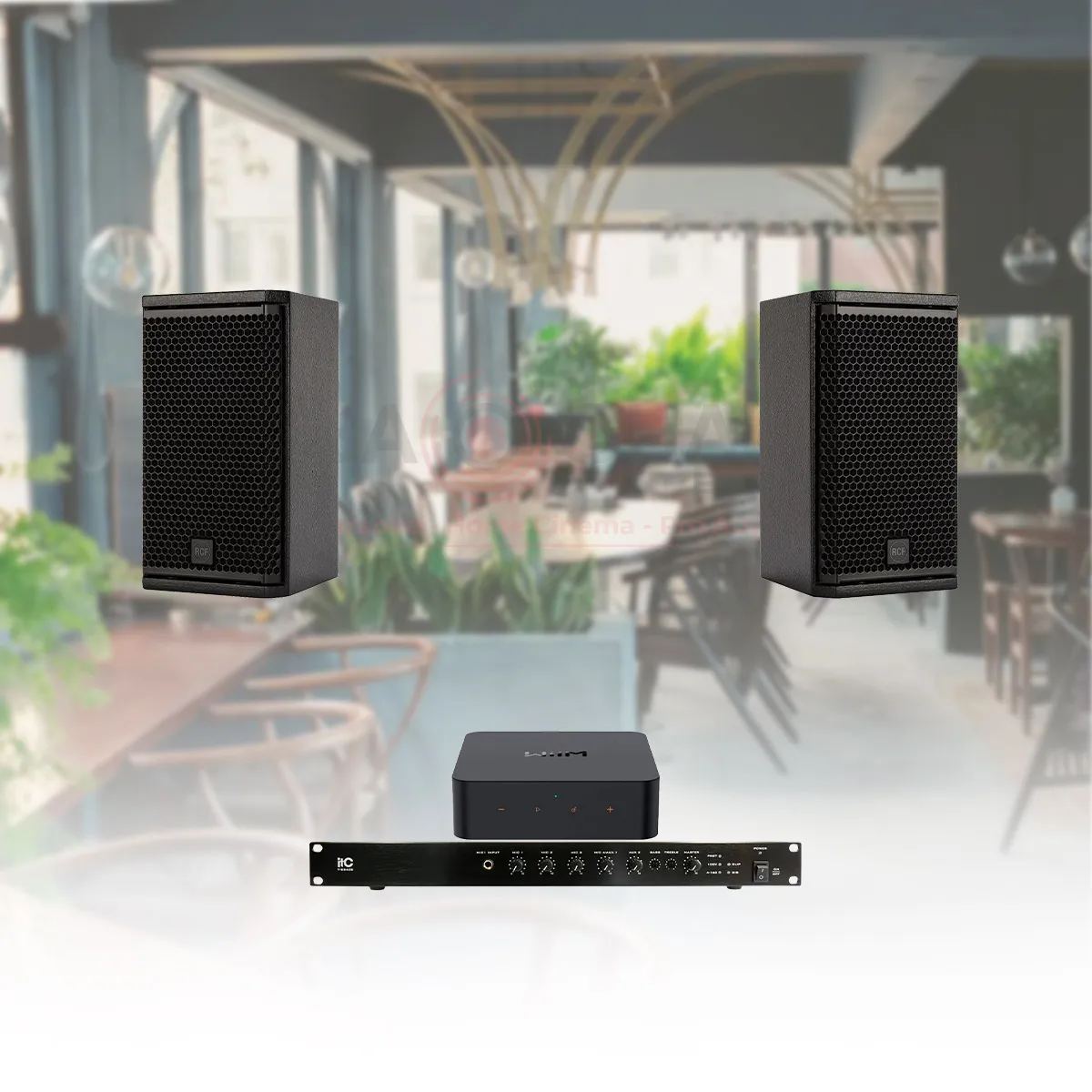 Hệ Thống Âm Thanh Nhạc Nền Quán Cafe, Nhà Hàng, Shop, Spa, tenis RCF 03 (RCF Compact M05, ITC T-B240D,WiiM Pro Plus)