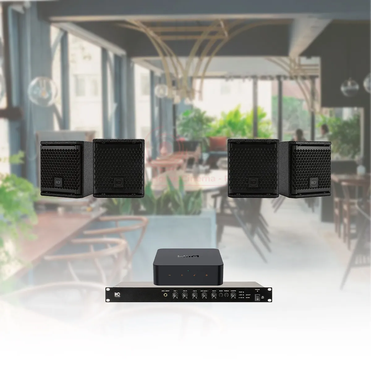 Hệ Thống Âm Thanh Nhạc Nền Quán Cafe, Nhà Hàng, Shop, Spa, Tenis RCF 04 (RCF COMPACT M04, ITC T-B350D, WiiM Pro Plus)