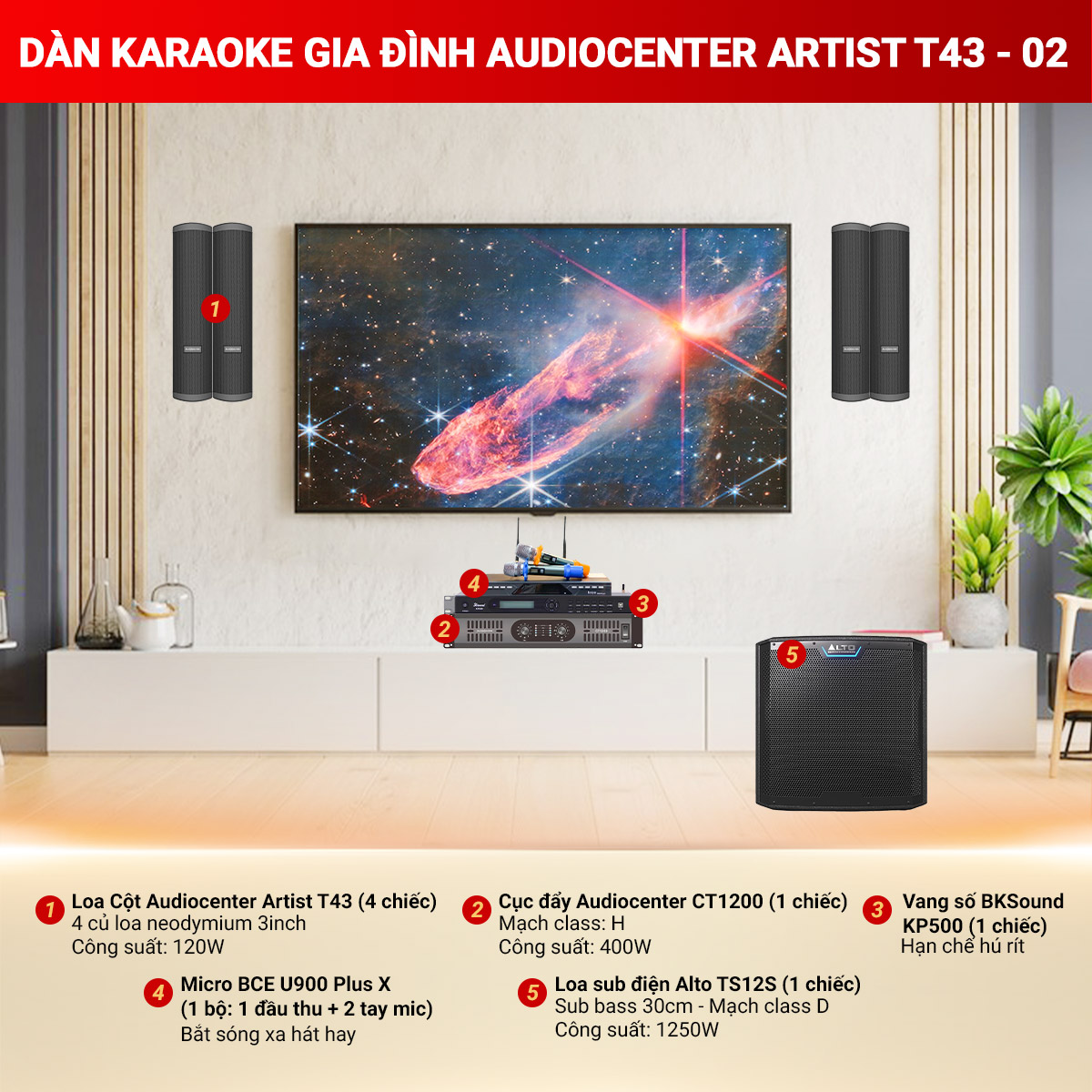 D&agrave;n karaoke gia đ&igrave;nh gắn tường Audiocenter Artist T43-02