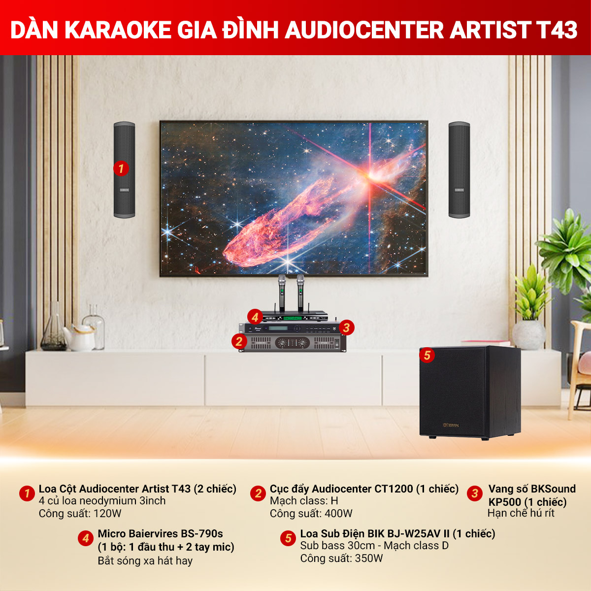 D&agrave;n karaoke gia đ&igrave;nh gắn tường Audiocenter Artist T43