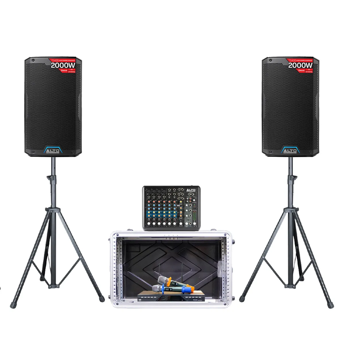 Dàn karaoke - Sân khấu Mini Alto 16 (Alto TS408, Alto TrueMix 800FX, BCE U900 Plus X, Tủ thiết bị ABS 6U, Chân loa)