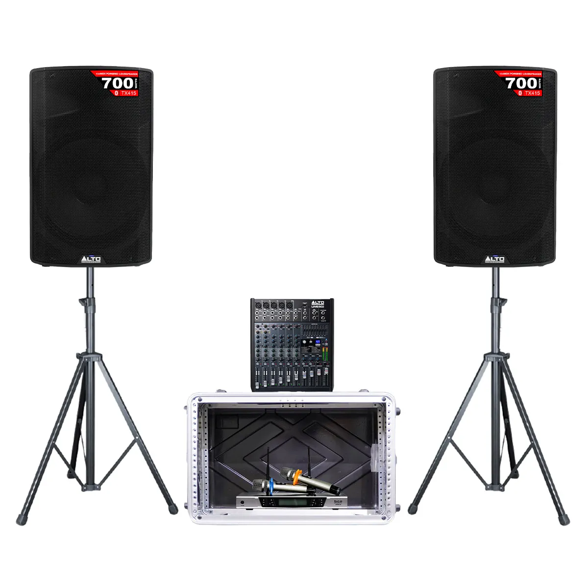 Dàn karaoke - Sân khấu Mini Alto 17 (Alto TX415, Alto Live 802, BCE UGX12, Tủ thiết bị ABS 6U, Chân loa )