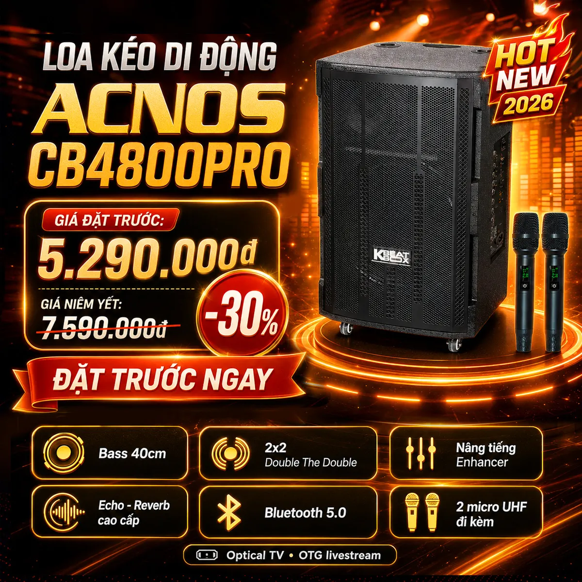 Loa kéo Acnos CB4800PRO (New 2026, Bass 40, 150W/750W, Kèm 2 tay micro) - Hình 1