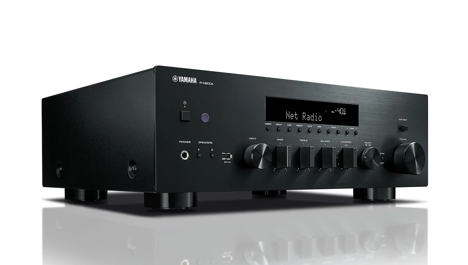 Amply Yamaha R-N600A black mặt nghiêng phải
