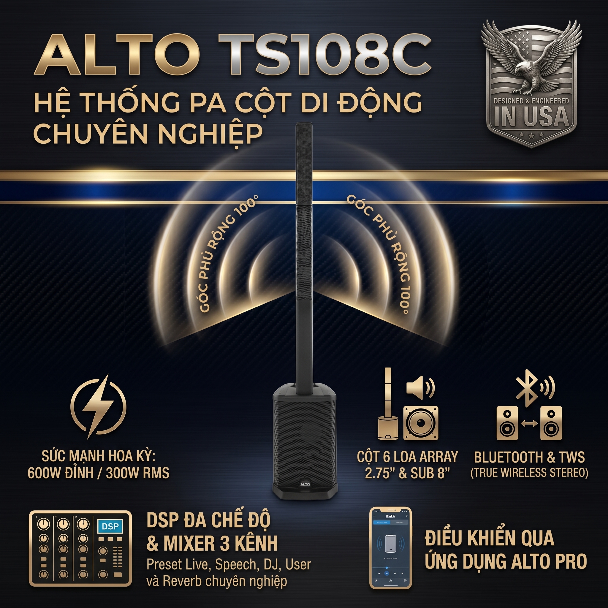 Loa cột Alto TS108C (Bass 20cm, RMS 300W, Mixer 3 kênh tích hợp, class D) - Hình 3