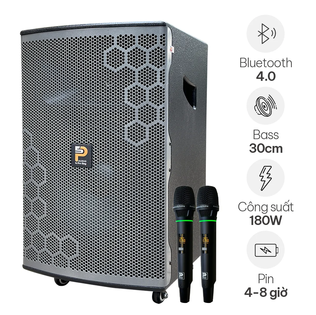 Loa Kéo Prosing W12 Bee (Bass 30cm, 180W, Kèm 2 Micro, Pin 4-8h)
