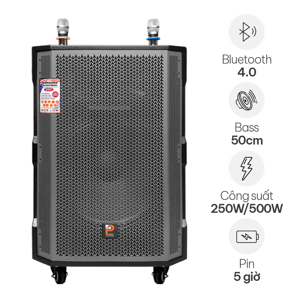 Loa Kéo Prosing W18C (Bass 50cm, 250W, Kèm 2 Micro, Pin 4-5h)