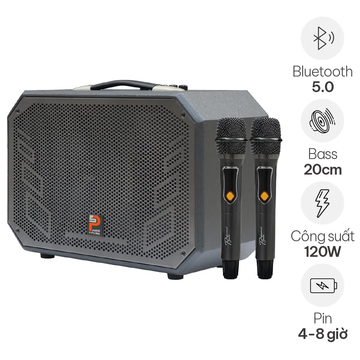 Loa Kéo Prosing W8 ALISA (Bass 20cm, 120W, Tặng 2 Micro, Pin 4-8h)