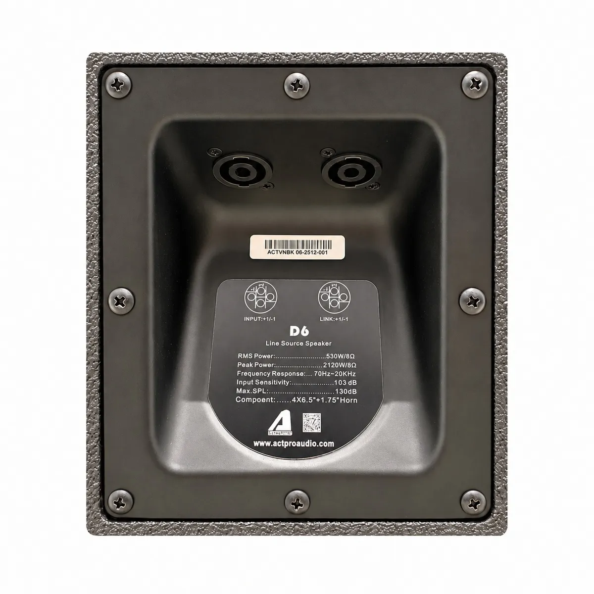 Cổng kết nối và tem thông số loa cột Actpro D6