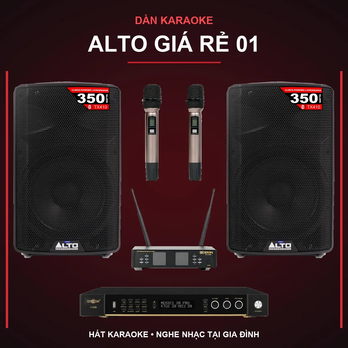Combo karaoke ALTO giá rẻ 01 với hai loa active và hệ thống xử lý giọng hát