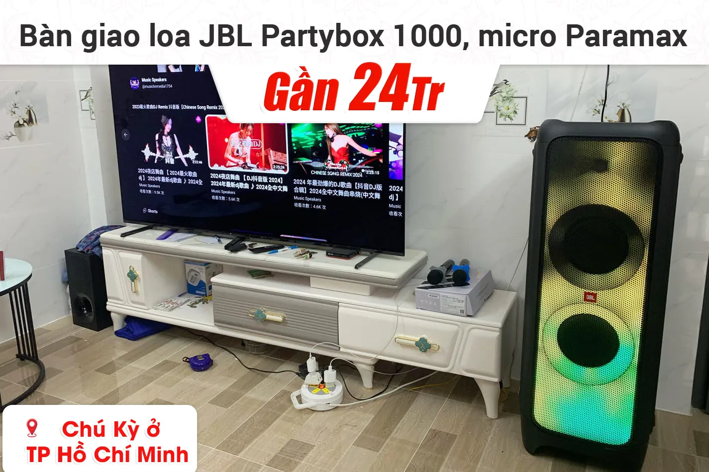 Chú Kỳ ở quận 5, TPHCM lựa chọn mẫu loa di động JBL Partybox 1000 Hot nhất hiện nay, cùng micro không dây Paramax Pasion Echo giải trí tại gia cực kỳ tiện lợi, hàng chính hãng giá tốt tại Bảo Châu Elec.