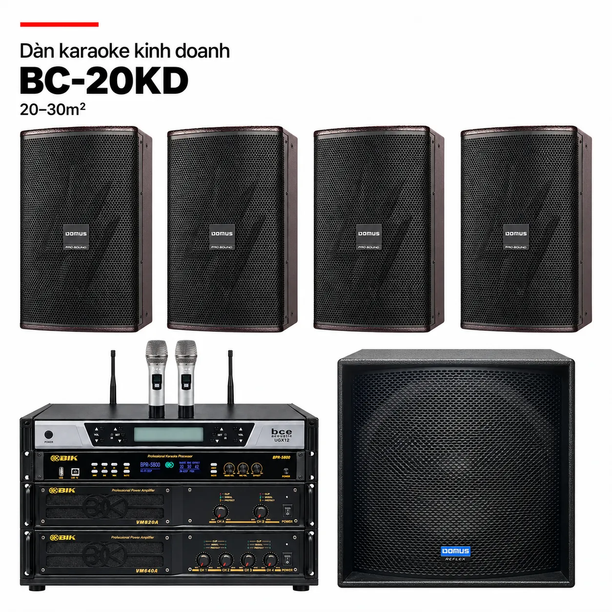 Dàn karaoke kinh doanh BC-20KD phòng 20–30m² với loa Domus và tủ thiết bị