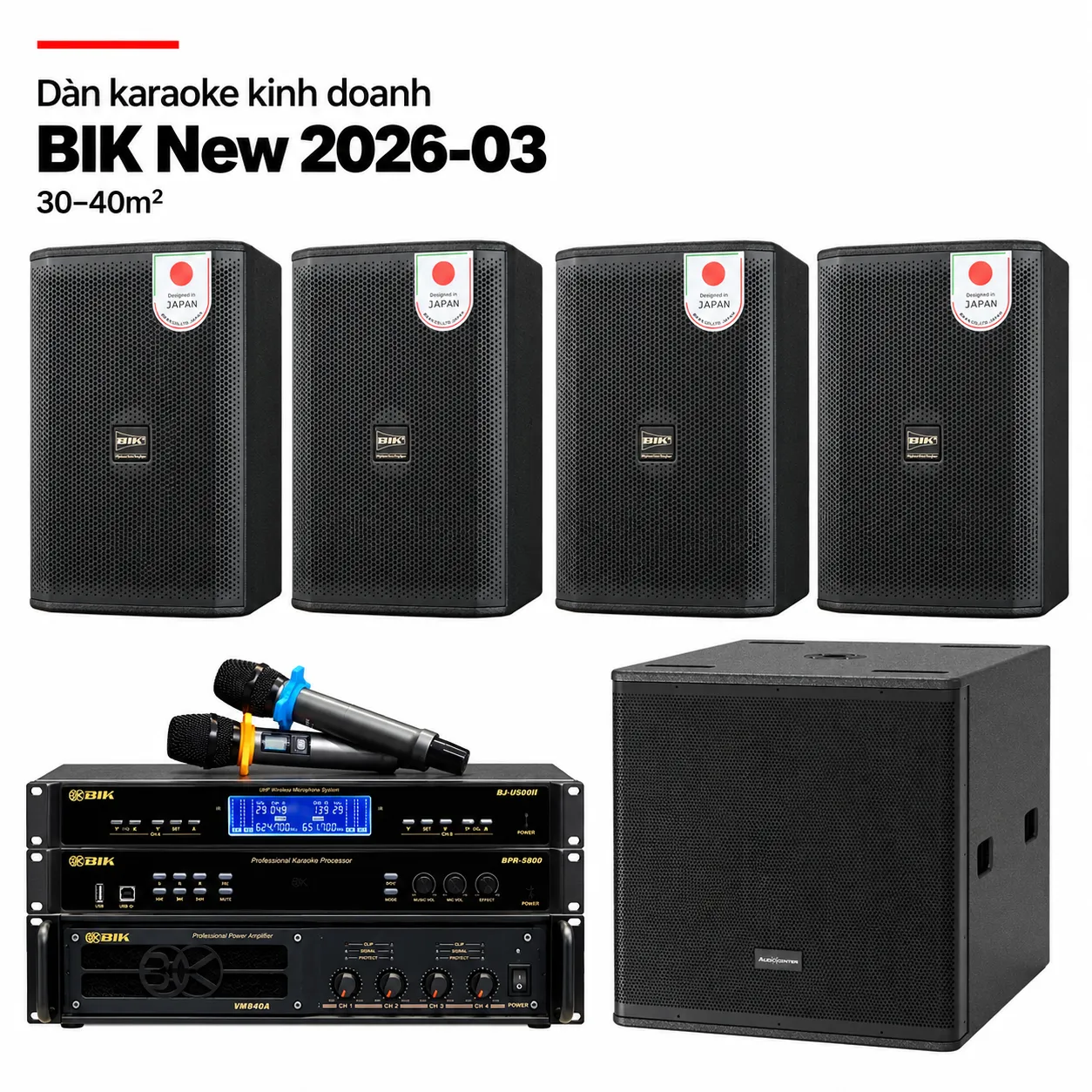 Dàn karaoke BIK kinh doanh New 2026-03 – 4 loa CS-625, tủ BIK và sub Audiocenter
