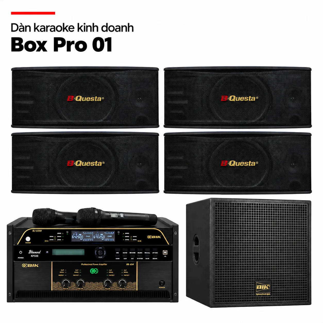 Dàn karaoke Box Pro 01 với bốn loa BK-C25 và tủ thiết bị gọn gàng
