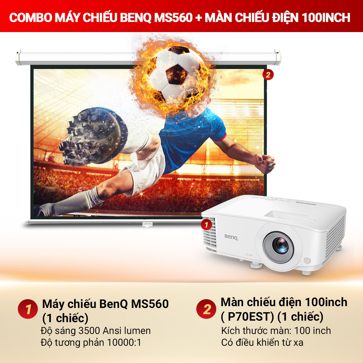 Combo máy chiếu BenQ MS560 + Màn chiếu điện 100inch