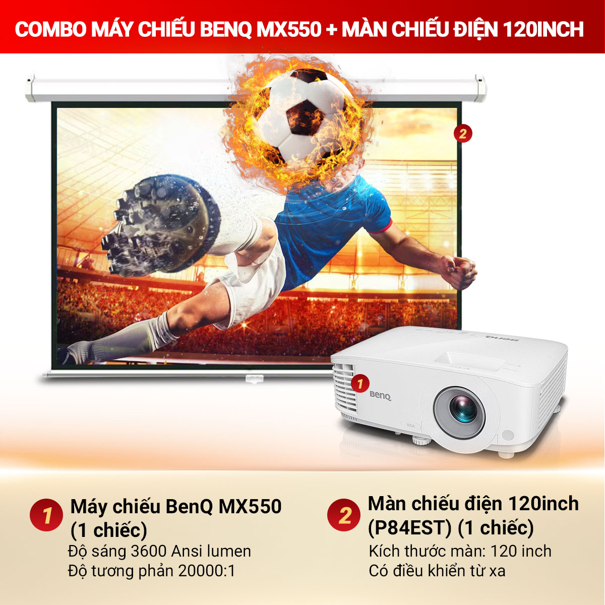 Combo máy chiếu BenQ MX550 + Màn chiếu điện 120 inch