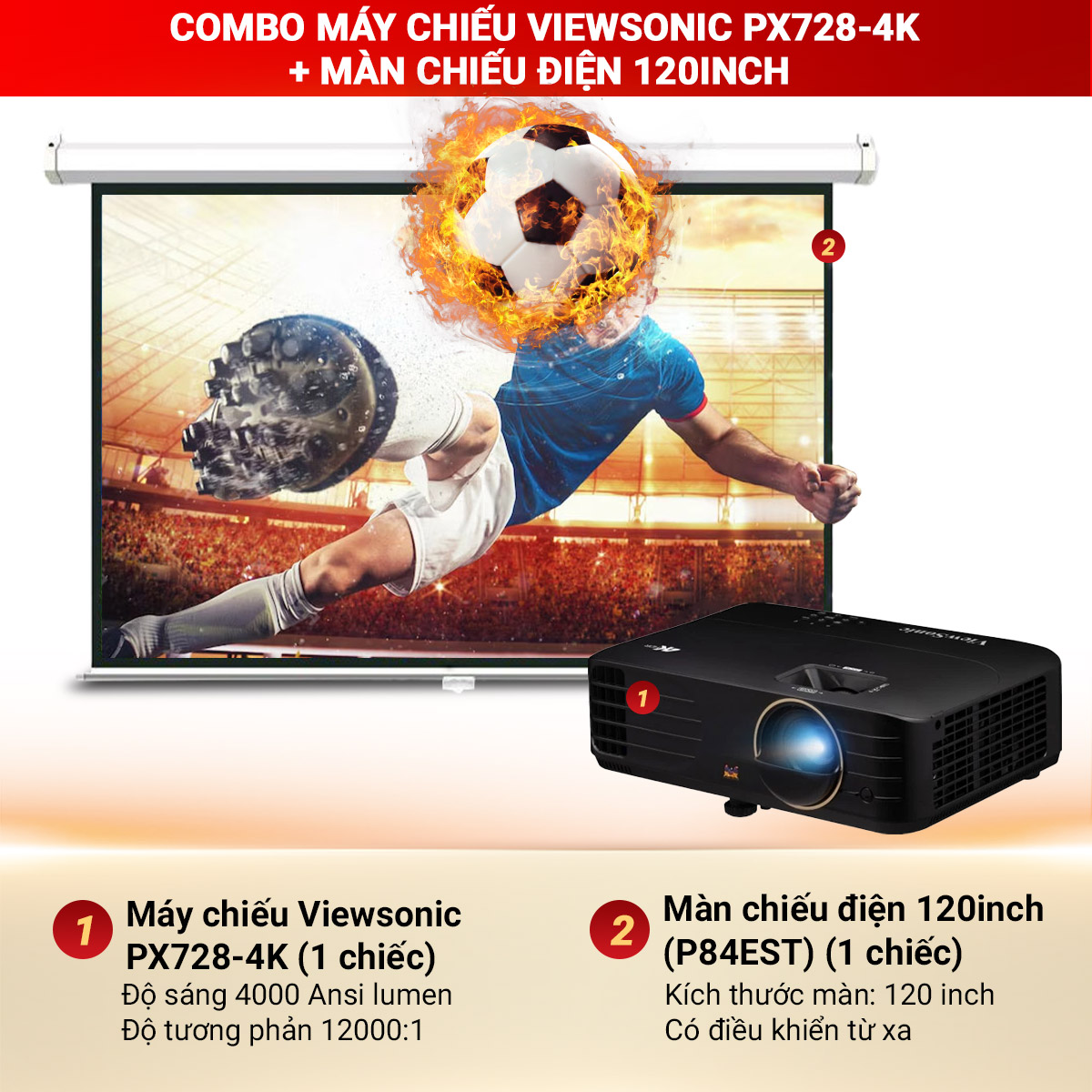 Combo m&aacute;y chiếu Viewsonic PX728-4K + M&agrave;n chiếu điện 120 inch