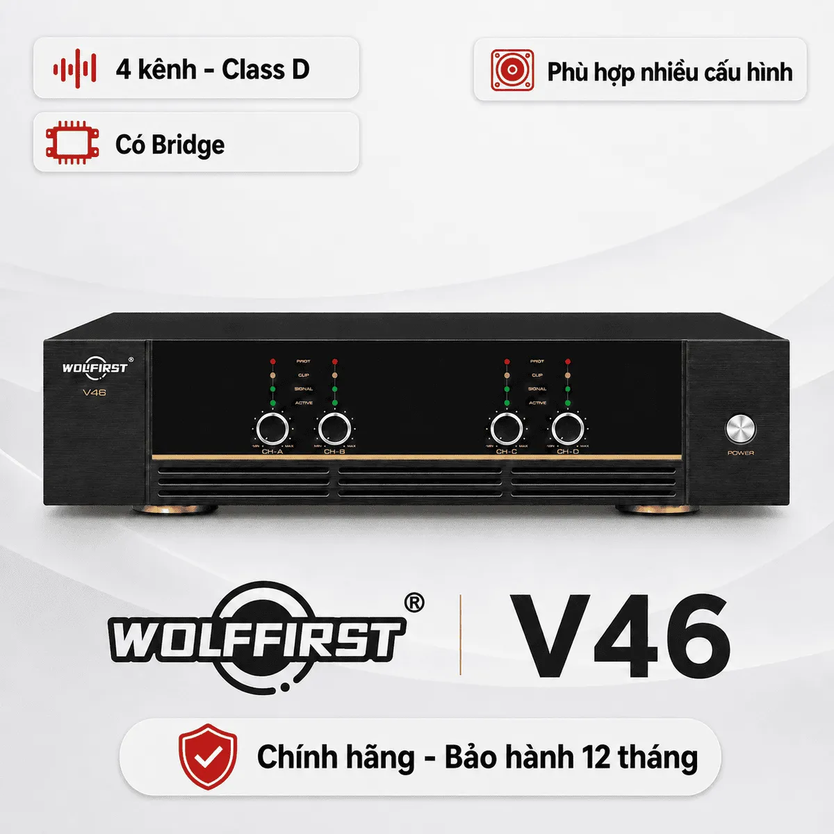 Cục đẩy 4 kênh Wolfirst V46 (600W, Class D, Có Bridge)