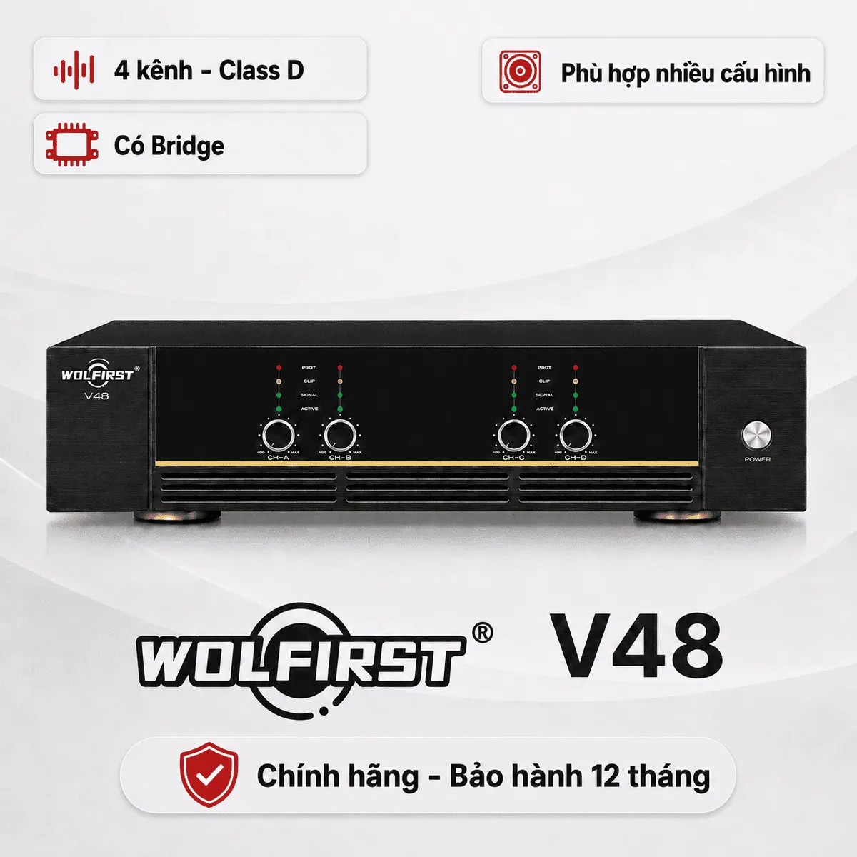 Cục đẩy 4 kênh Wolfirst V48 (800W, Class D, Có Bridge)