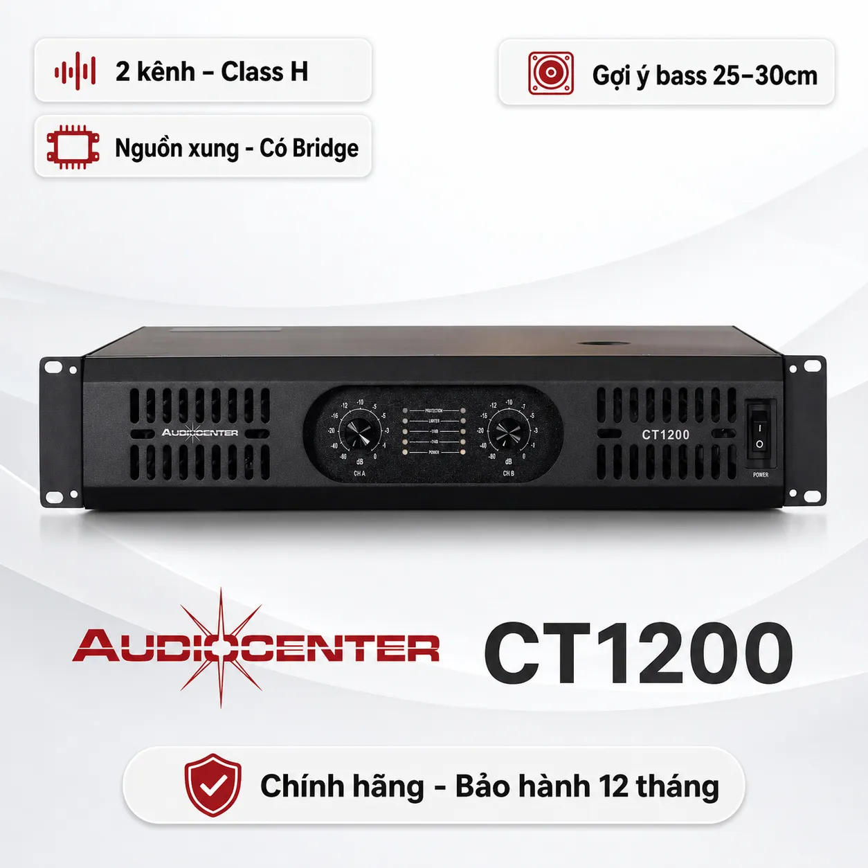 Cục đẩy 2 Kênh Audiocenter CT1200 (400W, class H, có Bridge)