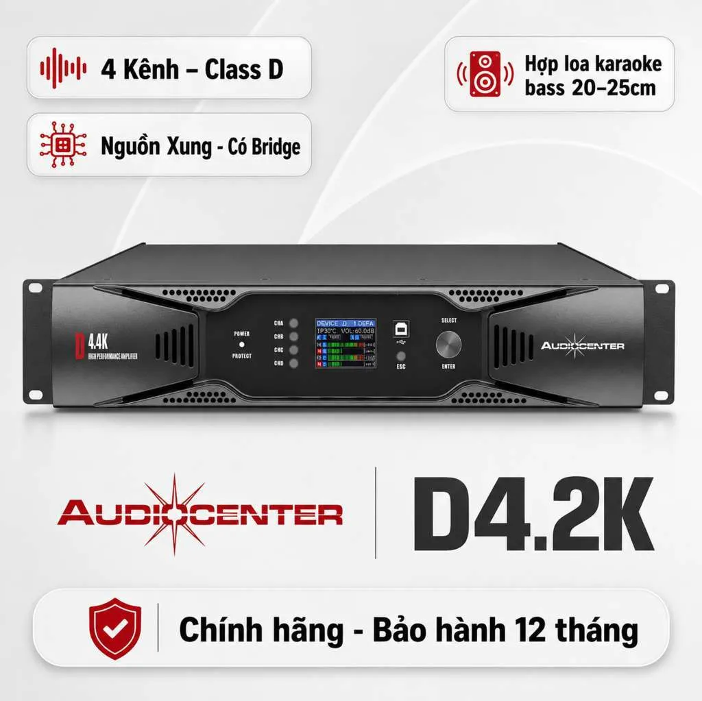 Cục đẩy 4 kênh Audiocenter D4.2K (300W, Class D, Có Bridge)