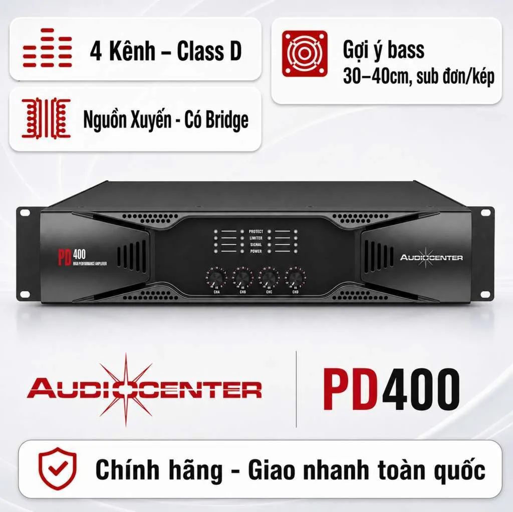 Cục Đẩy 4 Kênh Audiocenter PD400 (400W 8ohm Stereo, Có Bridge)
