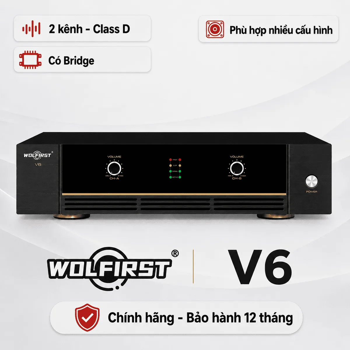 Cục đẩy công suất 2 kênh Wolfirst V6 (Class H, 600W)