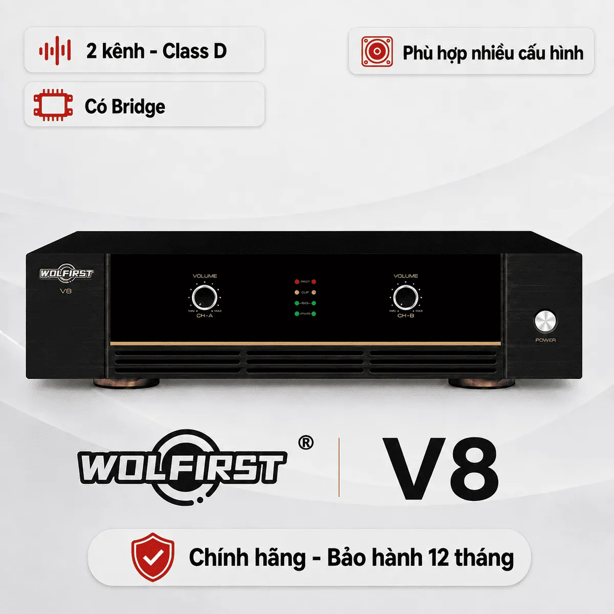Cục đẩy công suất 2 kênh Wolfirst V8 (Class H, 800W)