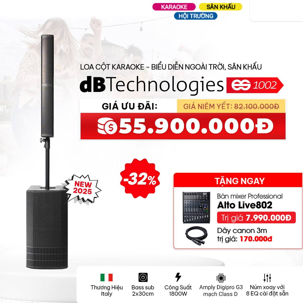 Hệ thống Loa cột dBTechnologies ES1002 (Bass đôi 30cm, 8 treble, 1800W, 130.7dB) - Hình 1