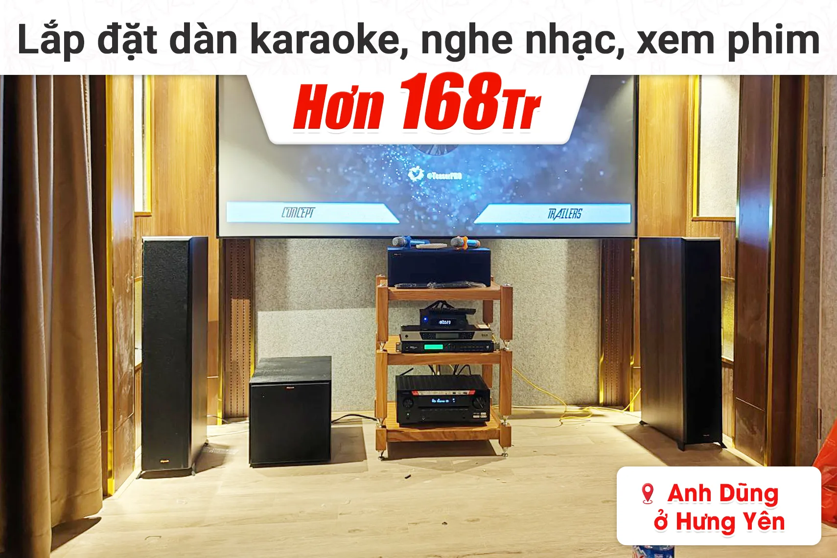 Lắp đặt dàn karaoke, nghe nhạc, xem phim hơn 168tr cho anh Hưng tại Hưng Yên (Klipsch RP-6000FII, RP-500M II, RP-500C II,…)