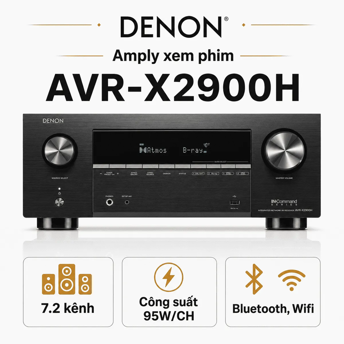 Amply Denon AVR-X2900H (7.2 kênh, 95W/CH, HEOS, 8K)
