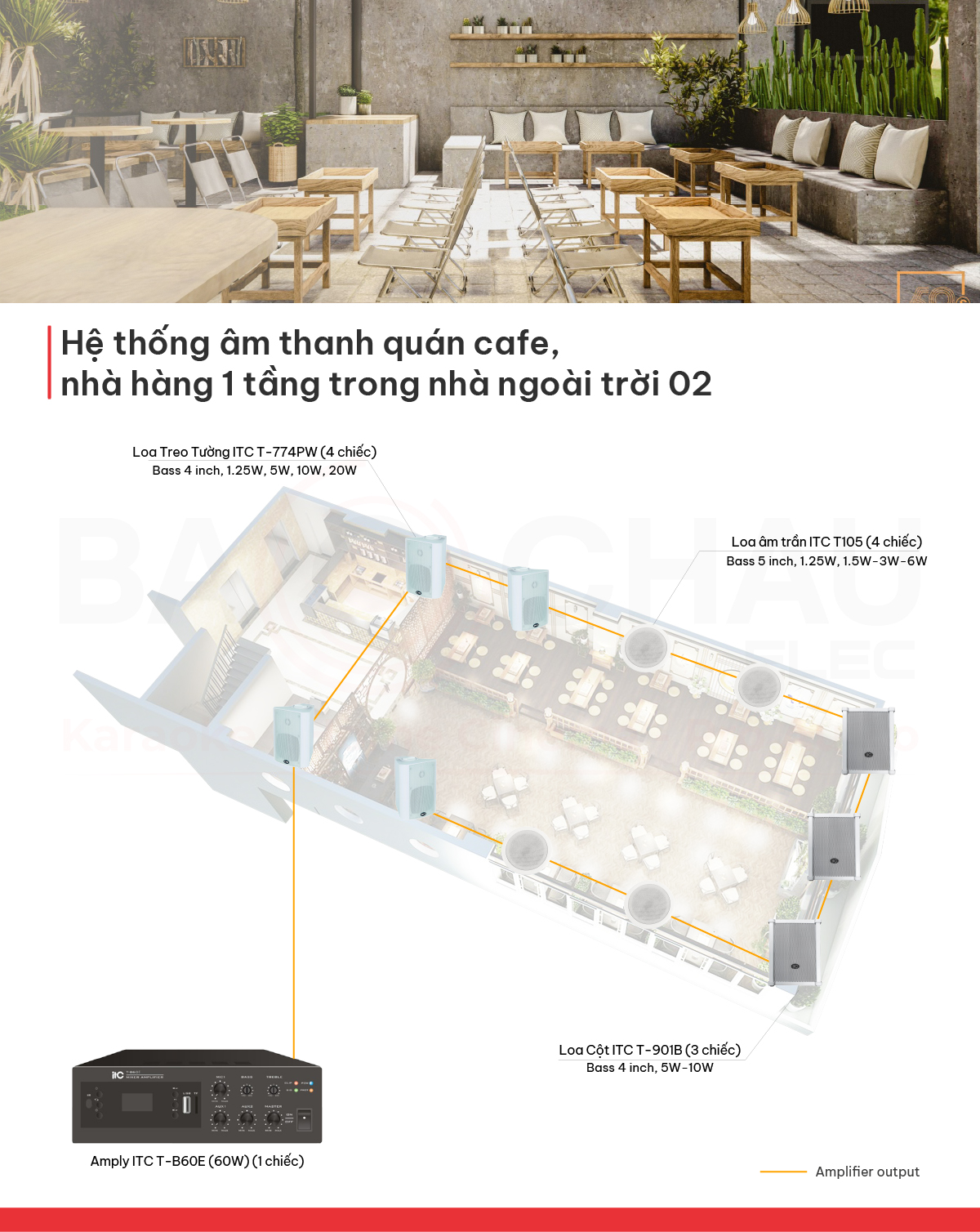Hệ thống âm thanh quán cafe, nhà hàng 1 tầng trong nhà ngoài trời 02