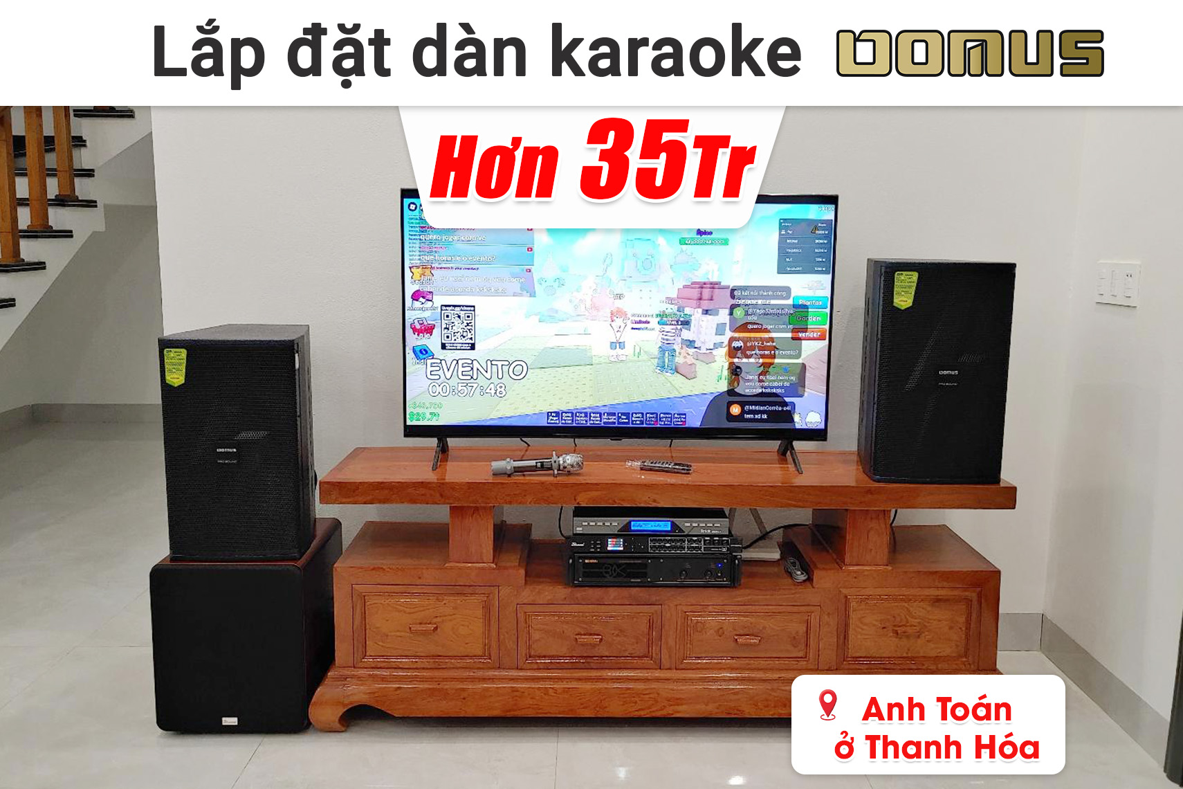 Lắp đặt dàn karaoke Domus hơn 35 triệu cho anh Toán ở Thanh Hóa (Domus DP-6212 Max, BIK VM620A, DSP 9000 Plus, SW612MKII, BCE U900 Plus X,...)